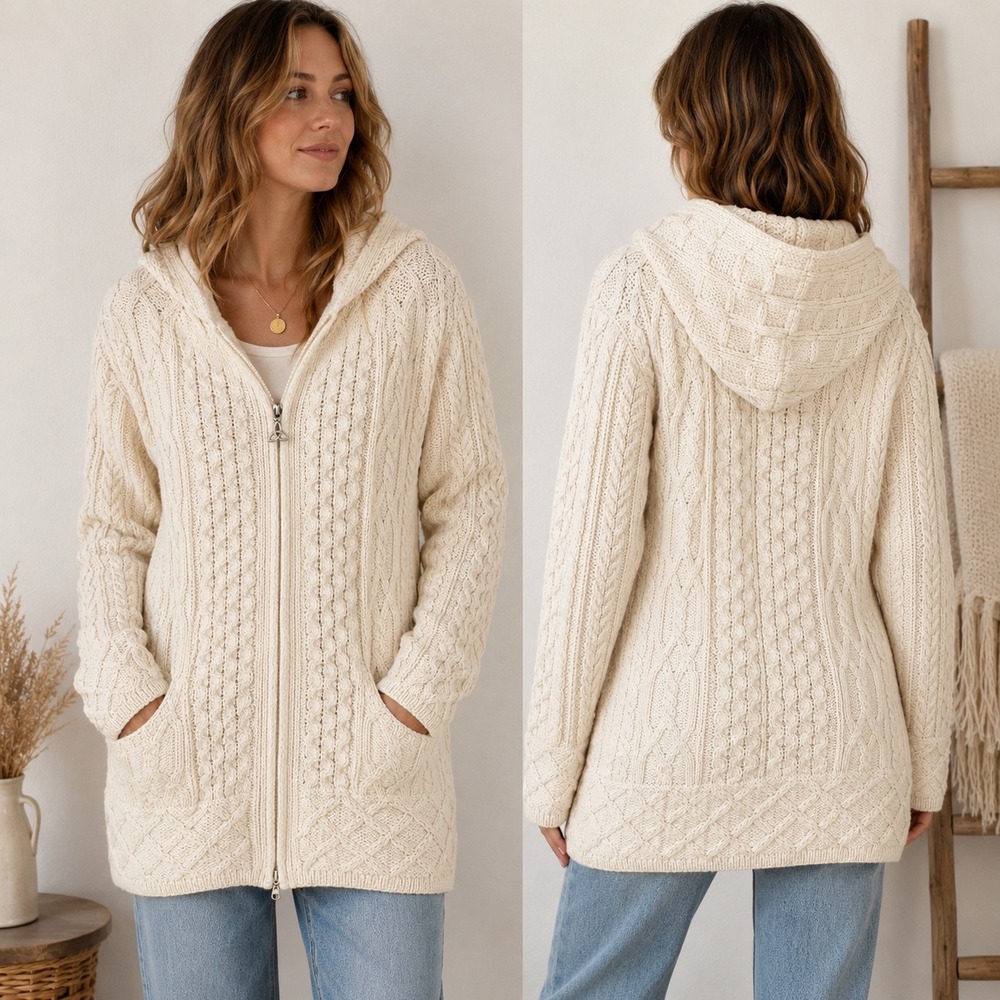 Aran Crafts Chunky Knit Fisherman Cardigan Size Small Cream Merino Wool Full Zip